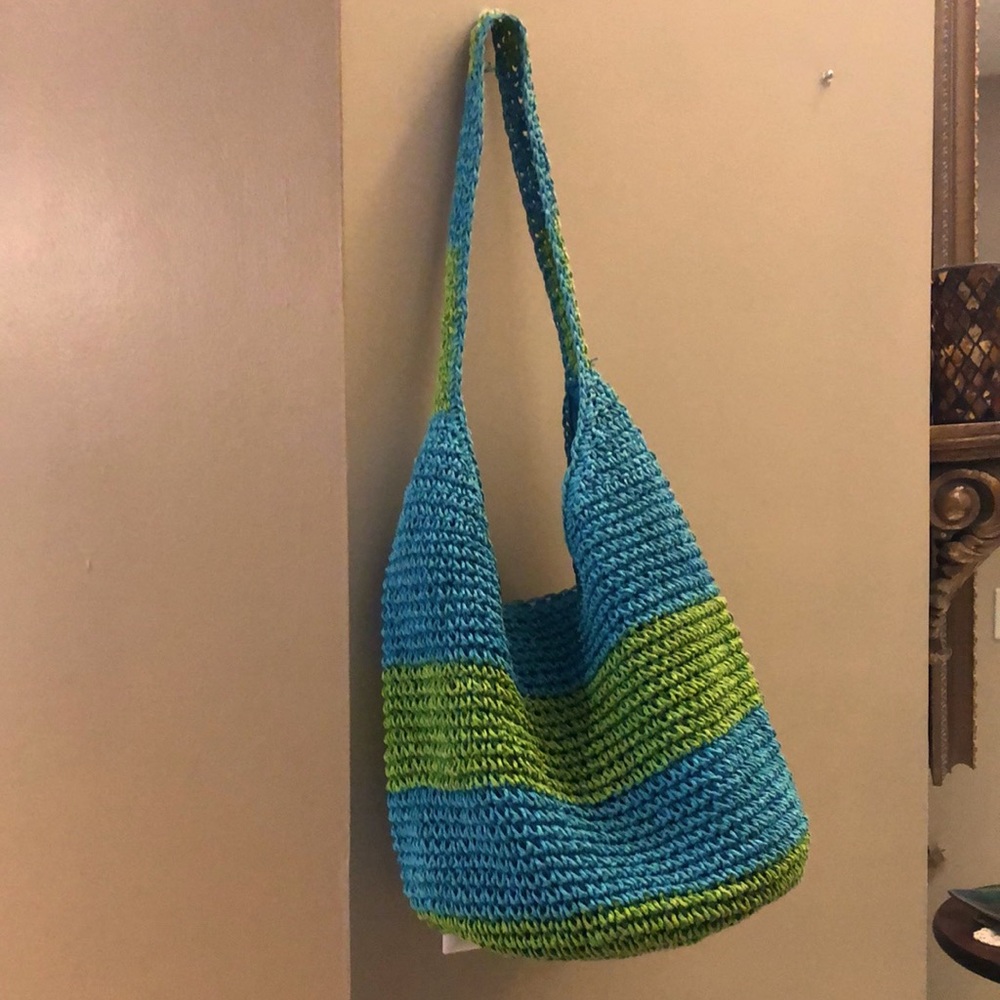 Straw handbag. Blue and green striped - Picture 1 of 8